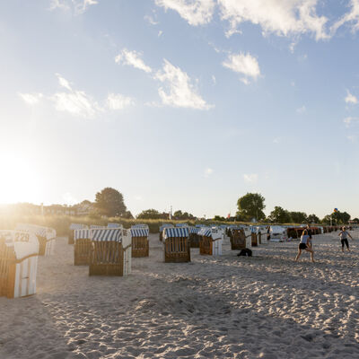 Bild vergrößern: Strandkrbe am Strand, im Hintergrund geht die Sonne unter und es spielen einige Personen Beachvolleyball
