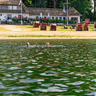 Bild vergrößern: Zwei Personen schwimmen im See. Im Hintergrund stehen Strandkrbe auf einer Wiese.