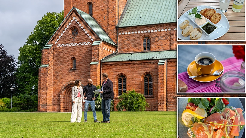 Genuss-Tour Bad Segeberg Drei Personen stehen auf einer Wiese vor einer großen Backstein-Kirche mit grünem Dach
