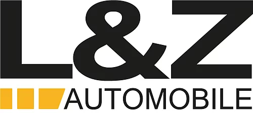 Schwarz-weiße Wortmarke mit den Buchstaben 'L&Z' und dem Schriftzug 'AUTOMOBILE' darunter, links davon vier gelbe Quadrate in einer Reihe