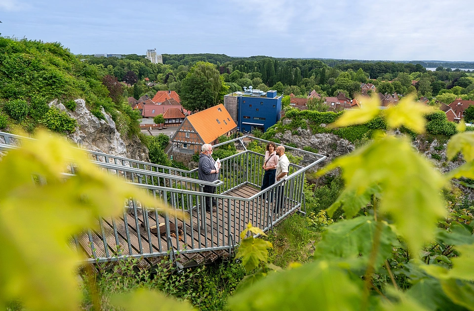 Drei Personen stehen auf einer Aussichtsplattform aus Metall umgeben von Felsen und grüner Vegetation mit Blick auf ein Häuser und einen See im Hintergrund
