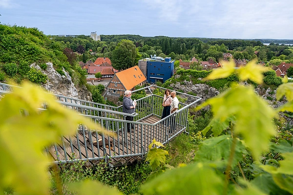 Drei Personen stehen auf einer Aussichtsplattform aus Metall umgeben von Felsen und grüner Vegetation mit Blick auf ein Häuser und einen See im Hintergrund