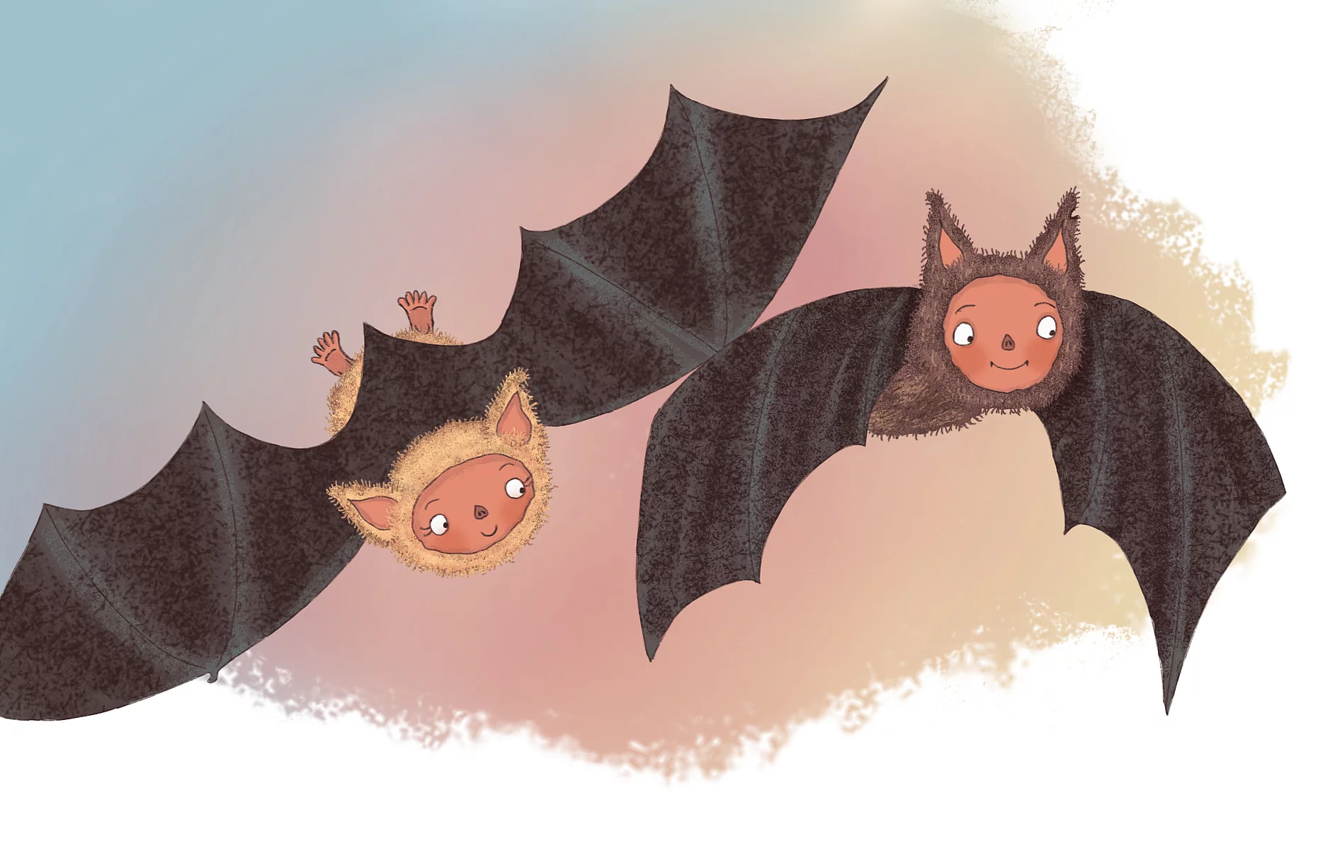 Zwei fliegende Fledermäuse mit menschlichen Gesichtern und Fellkapuzen vor hellem Hintergrund