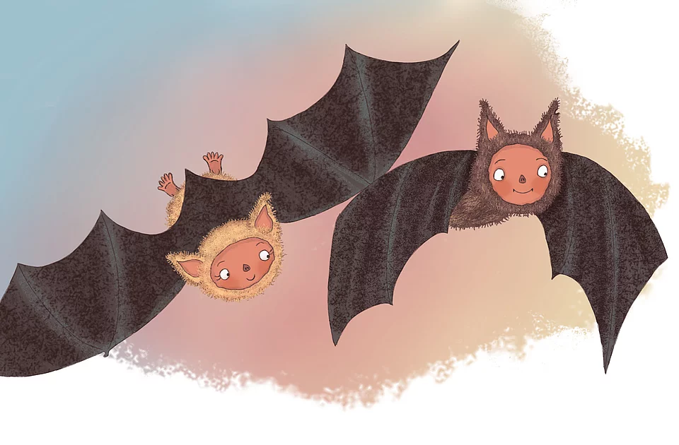 Zwei fliegende Fledermäuse mit menschlichen Gesichtern und Fellkapuzen vor hellem Hintergrund