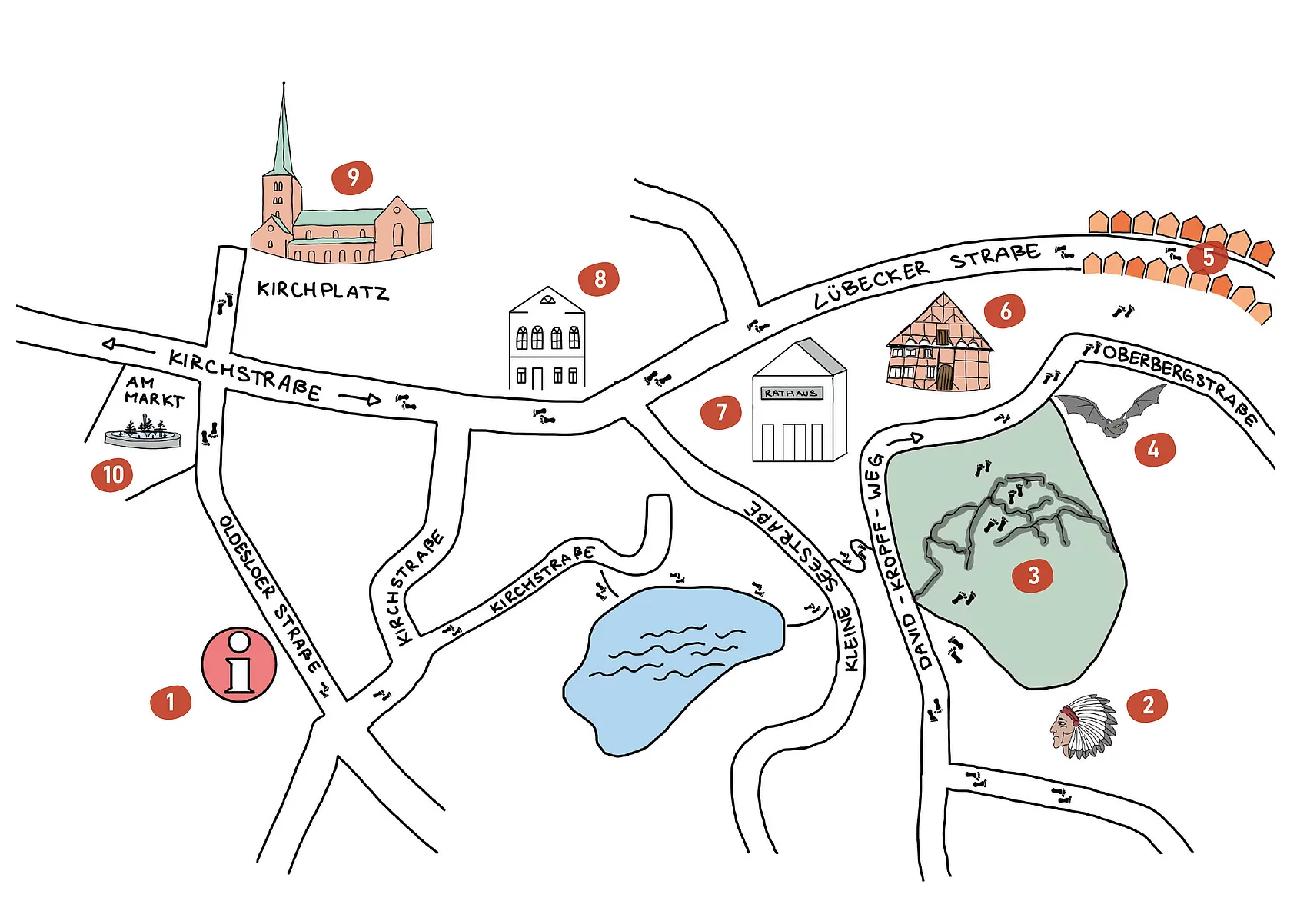 Handgezeichnete Karte von Bad Segeberg mit markanten Straßen, einem See, einem grünen Park mit Hügeln, einem Kirchturm, mehreren Gebäuden und einem Informationssymbol