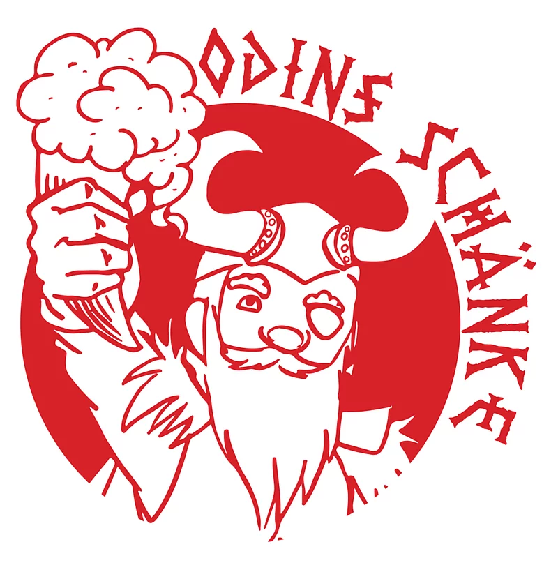 Roter Kreis mit stilisierter Zeichnung eines bärtigen Wikingers mit Hornhelm, der ein mit Schaum gefülltes Trinkhorn hebt, umgeben von der Schrift 'ODINS SCHÄNKE'