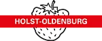Schwarz-weißes Logo mit stilisierter Erdbeere und rotem Balken mit weißer Schrift 'HOLST-OLDENBURG'