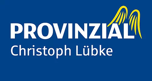 Weißer Schriftzug 'PROVINZIAL Christoph Lübke' auf blauem Hintergrund mit gelbem Flügelmotiv über dem Schriftzug
