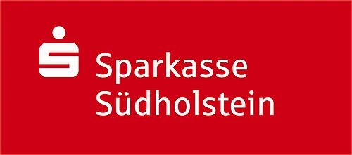 Weißes Sparkassen-Logo und Schriftzug 'Sparkasse Südholstein' auf rotem Hintergrund