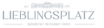 Schriftzug 'LIEBLINGSPLATZ' in Großbuchstaben mit zwei horizontalen Linien darunter und kleingeschriebenem Text 'BADEANSTALT, RESTAURANT, EVENTS'