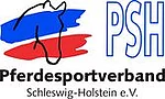 Logo mit stilisierter Pferdezeichnung in Schwarz, Rot und Blau neben den blauen Buchstaben 'PSH' und dem Schriftzug 'Pferdesportverband Schleswig-Holstein e.V.'