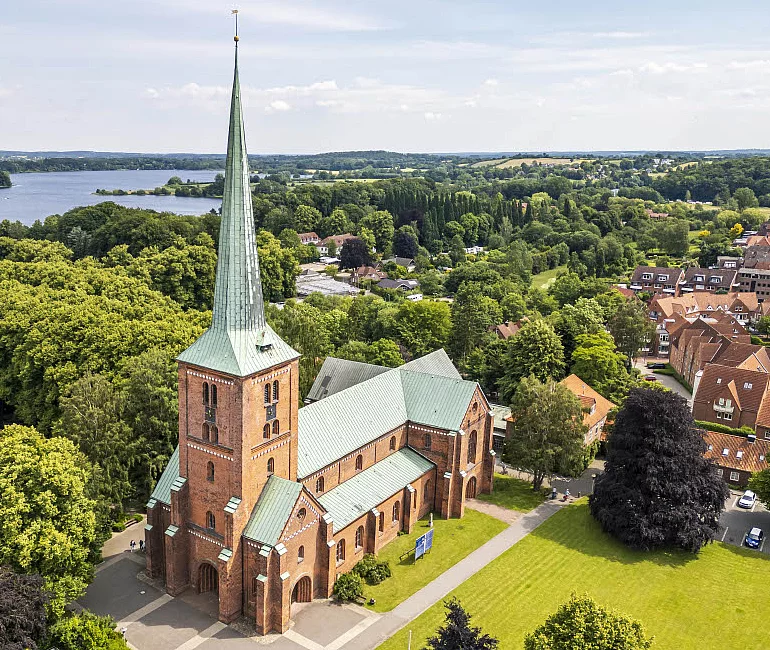 Luftaufnahme der Marienkirche Bad Segeberg mit hohem spitzem Turm, umgeben von Bäumen, Wiesen und angrenzendem Stadtgebiet
