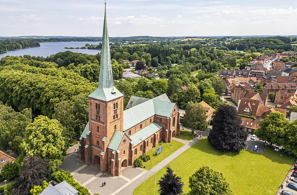 Luftaufnahme der Marienkirche Bad Segeberg mit hohem spitzem Turm, umgeben von Bäumen, Wiesen und angrenzendem Stadtgebiet
