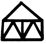 Schwarz-weiße Linienzeichnung eines Fachwerkhauses mit dreieckigem Dach