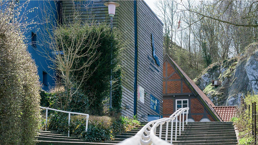 Außenansicht des Noctalis in Bad Segeberg mit Treppe, weißem Geländer, einem Gebäude mit Holzverkleidung und einem Fachwerkhaus vor bewaldetem Felsen