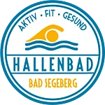 Rundes Logo mit stilisierter Schwimmerfigur über drei Wellen, umgeben von den Worten 'AKTIV FIT GESUND' und 'HALLENBAD BAD SEGEBERG'