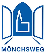 Blaues Logo mit stilisiertem geöffnetem Fenster und angedeutetem Gebäude im Fensterrahmen über dem Schriftzug 'MÖNCHSWEG'