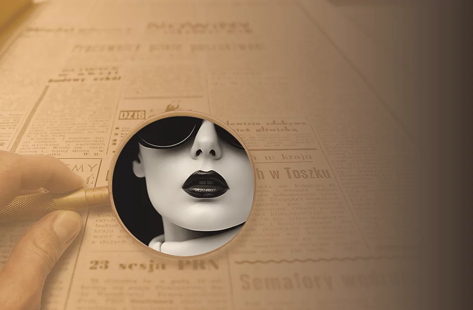 Hand hält eine goldfarbene Lupe über einer alt wirkenden Zeitung mit unscharf lesbarem Text. In der Lupe ist eine Frau zu sehen.