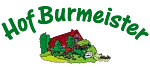 Logo mit einem roten Haus, umgeben von grünen Bäumen und Sträuchern, darüber der Schriftzug 'Hof Burmeister' in grüner Schrift