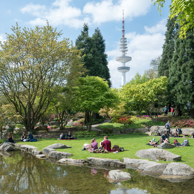 Bild vergrößern: Besucher picknicken in Planten un Blomen Park in Hamburg