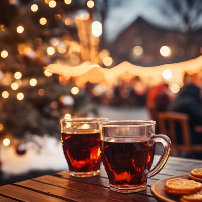 Bild vergrößern: Zwei glserne Becker mit Glhwein stehen auf einem Holztisch. Daneben ein Teller Kekse und im Hintergrund ein groer, beleuchteter Tannenbaum.