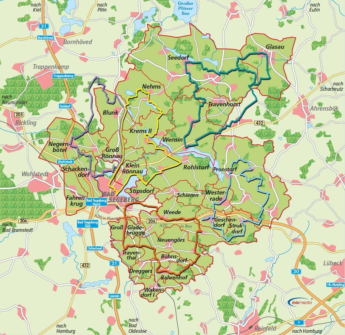 Bild vergrößern: Landkarte mit farbig eingezeichneten Routen