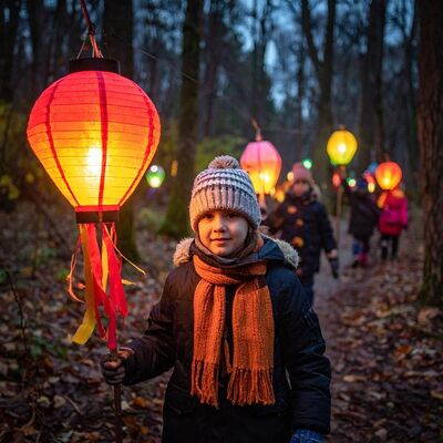 Ein Kind mit Wollmütze, Schal und Winterjacke hält eine orange leuchtende Laterne in der Hand. Im Hintergrund sind Wald in der Dämmerung und weitere Kinder mit Laternen zu sehen.