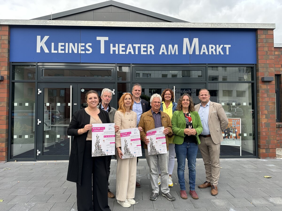 Eine Gruppe von acht Personen steht mit Plakaten in der Hand vor dem Theater in Wahlstedt